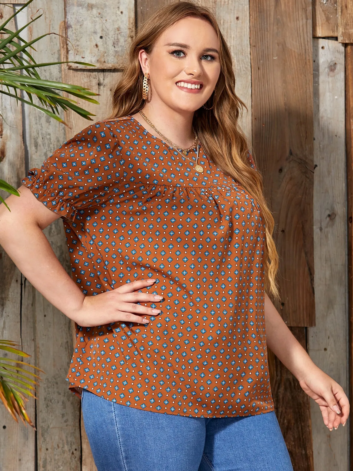 Geometric Frill Short Sleeve Round Neck Regular Plus Size Blouse