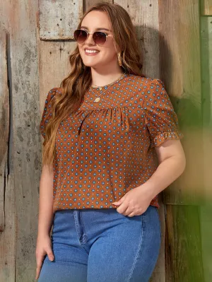 Geometric Frill Short Sleeve Round Neck Regular Plus Size Blouse