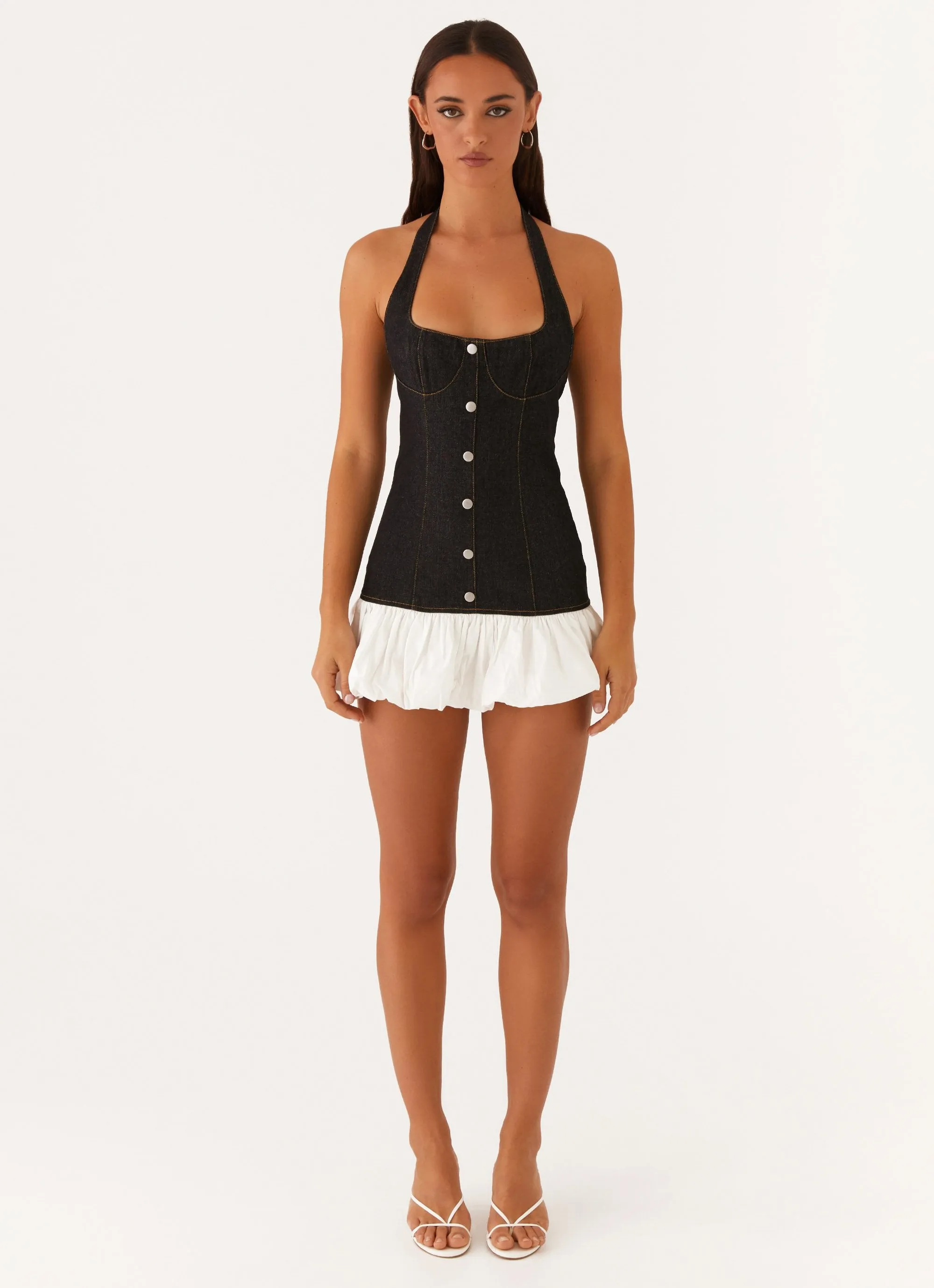 Georgina Denim Mini Dress - Black Shimmer Effect