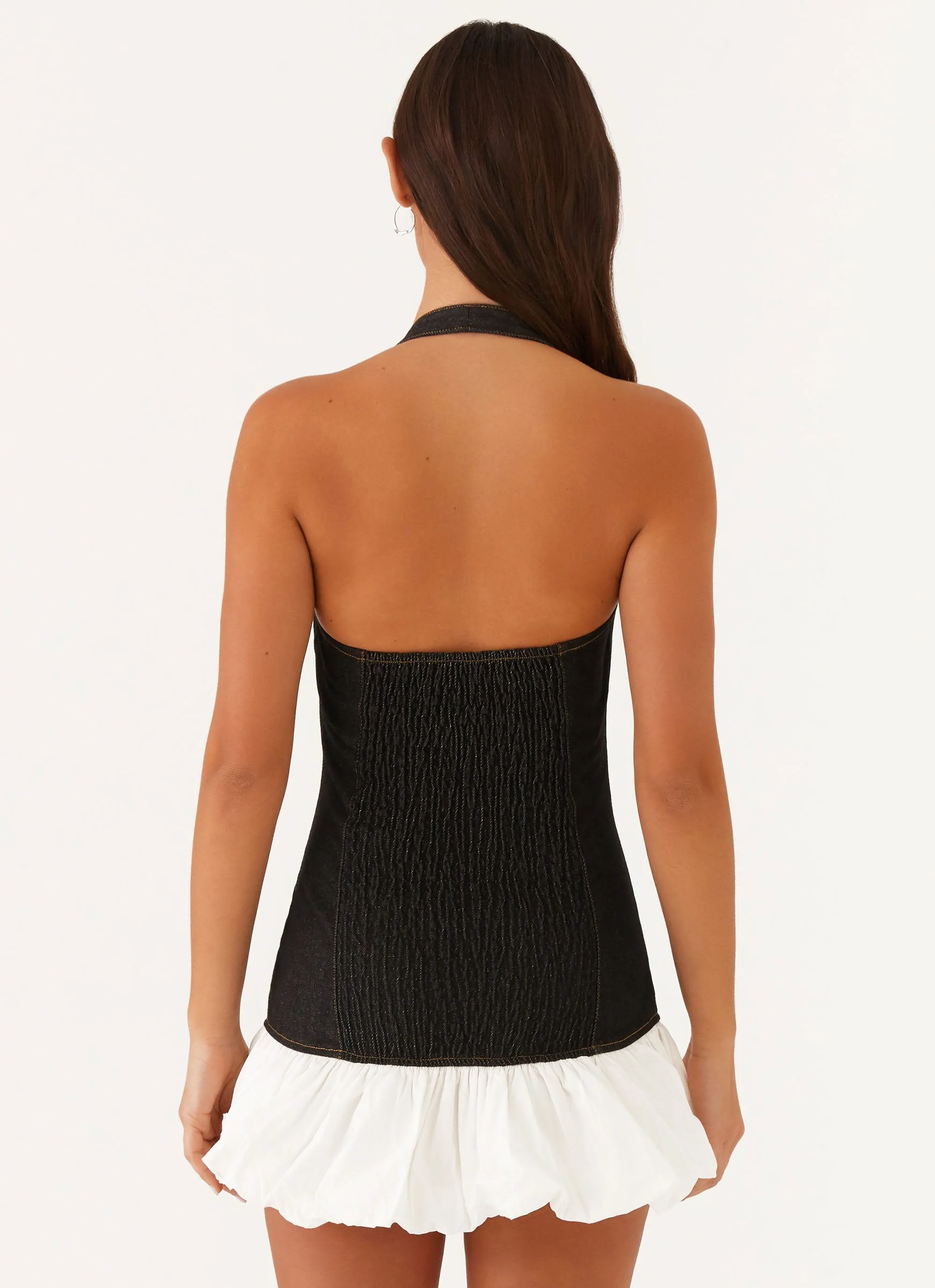 Beach Wear Smooth Stitch Pattern Georgina Denim Mini Dress - Black