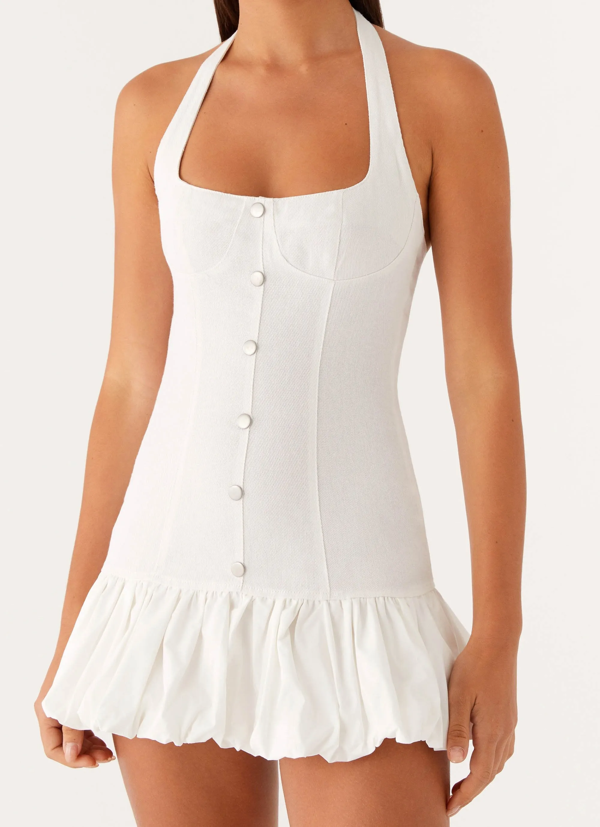 Georgina Denim Mini Dress - White Solid Hue Compact Fold Design