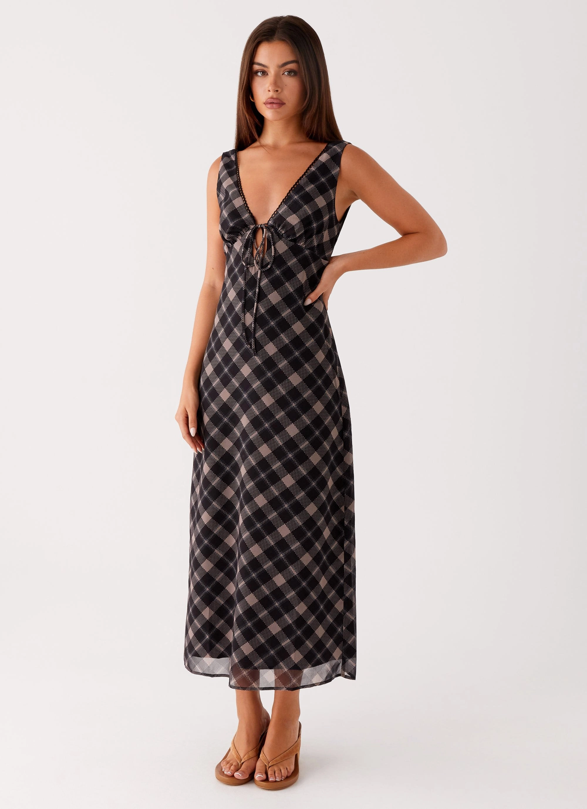 Gianna Midi Dress - Taupe Check Side Tie