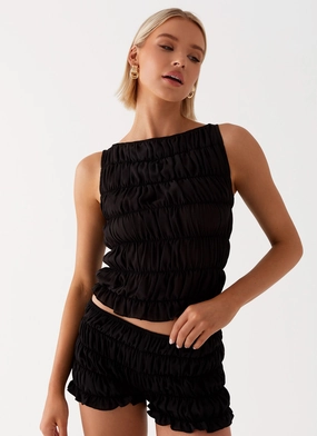 Easy Stretch Fit Comfy Vibes Girls Like Us Ruched Mini Shorts - Black