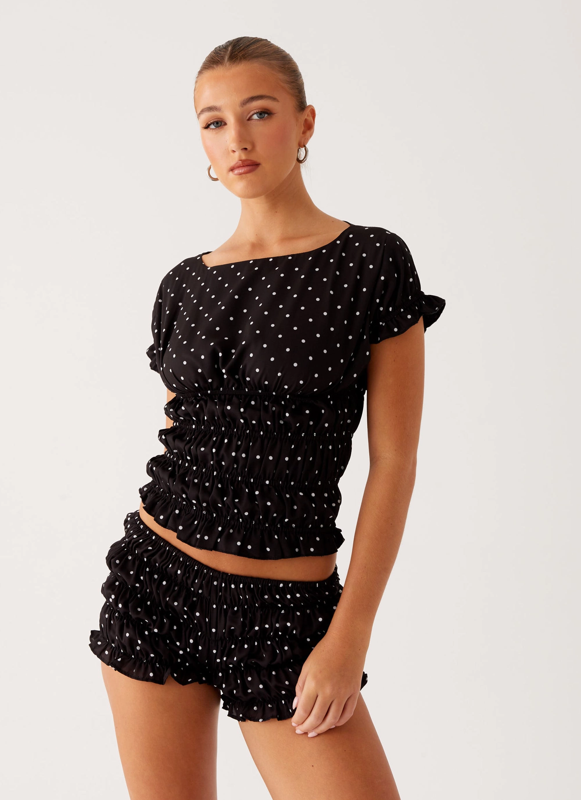 Layered Ventilation Panels Girls Like Us Ruched Mini Shorts - Black Polka Dot