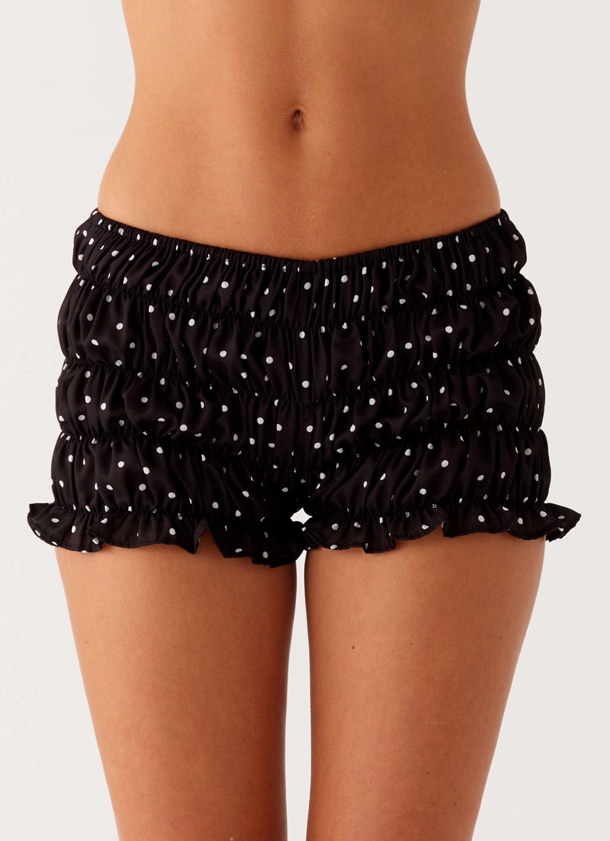 Girls Like Us Ruched Mini Shorts - Black Polka Dot Double Breasted