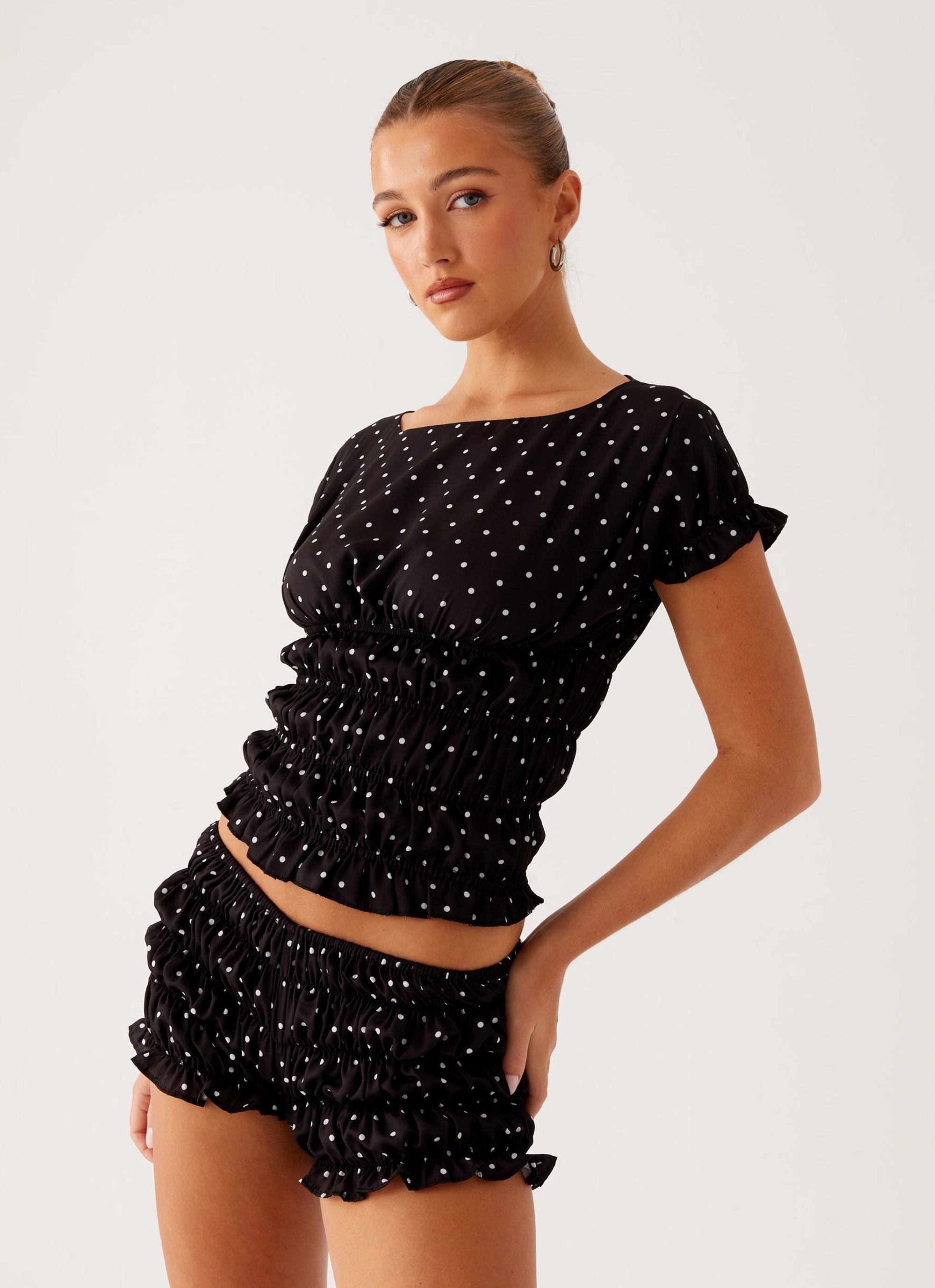 Knee Length Detachable Lining Girls Like Us Ruched Mini Shorts - Black Polka Dot