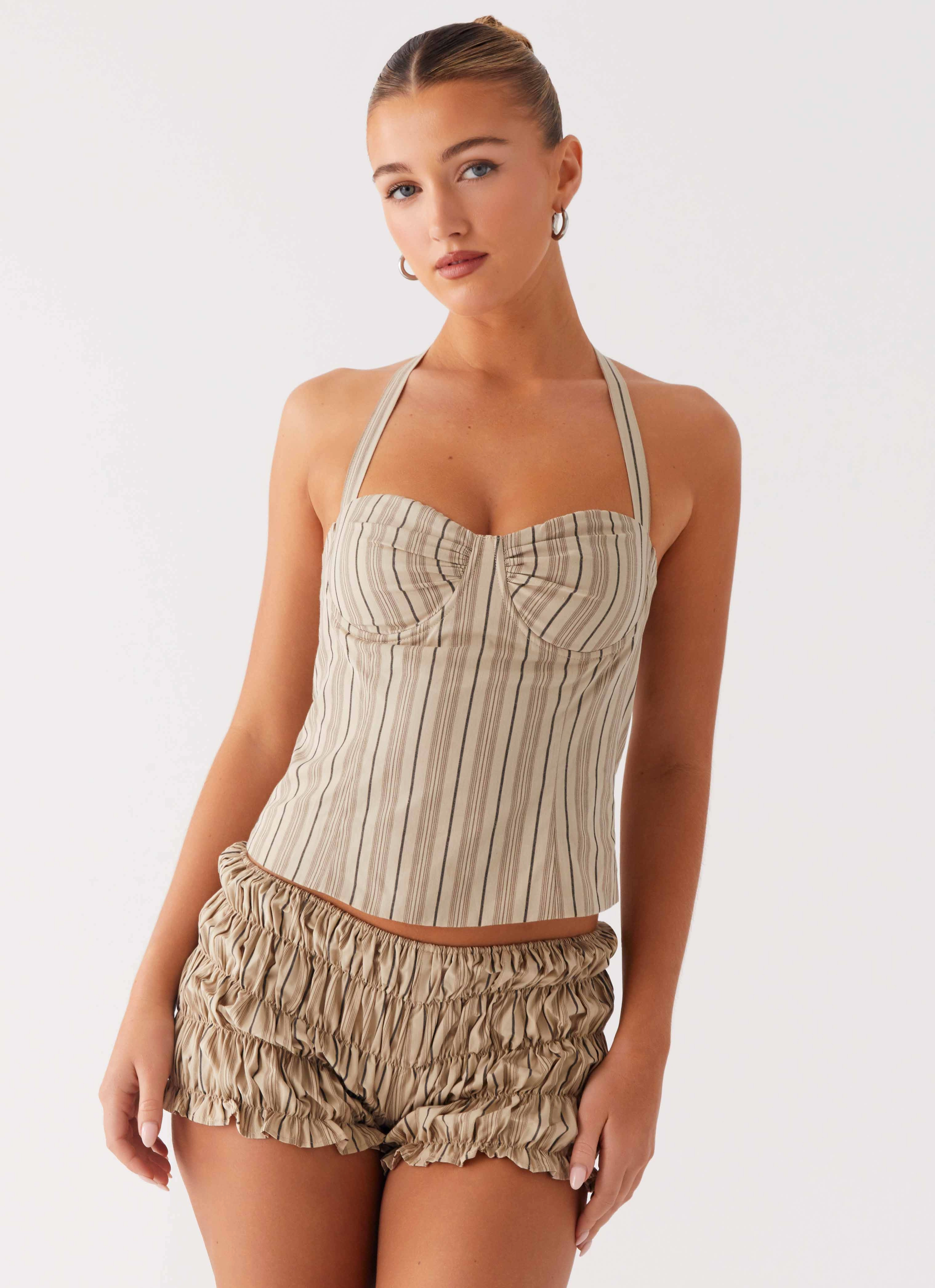 Eco Friendly Production Girls Like Us Ruched Mini Shorts - Oatmeal Stripe