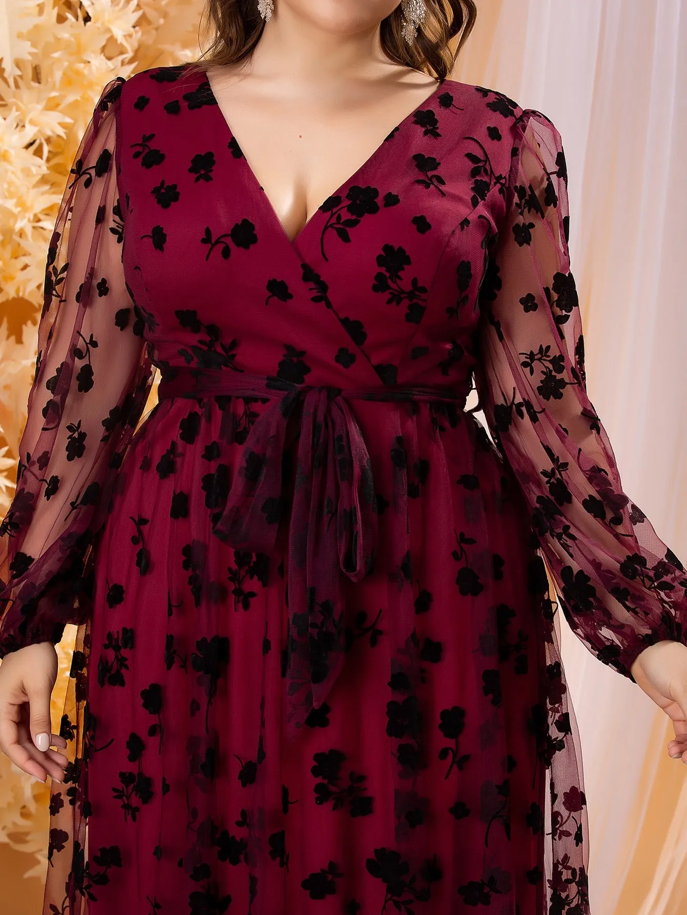 Glamorous Floral Contrast Mesh Long Sleeve V Neck Flared High Waist Maxi Plus Size Dress