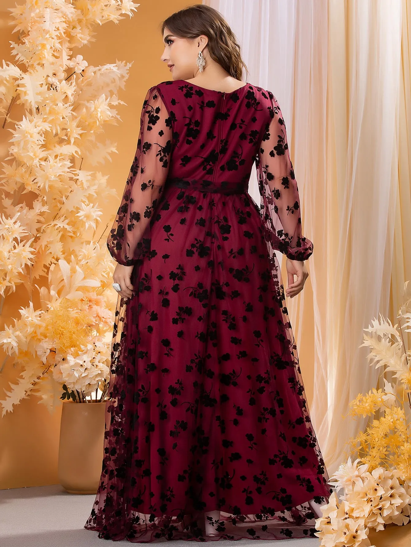 Glamorous Floral Contrast Mesh Long Sleeve V Neck Flared High Waist Maxi Plus Size Dress