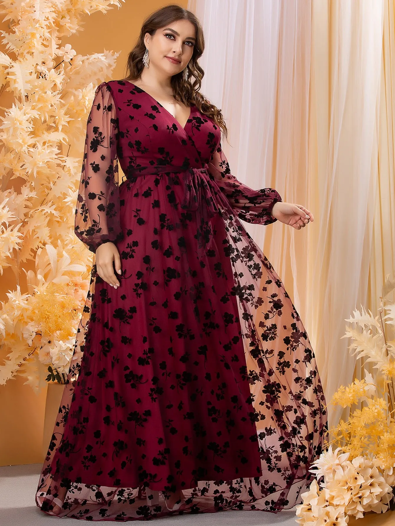 Glamorous Floral Contrast Mesh Long Sleeve V Neck Flared High Waist Maxi Plus Size Dress