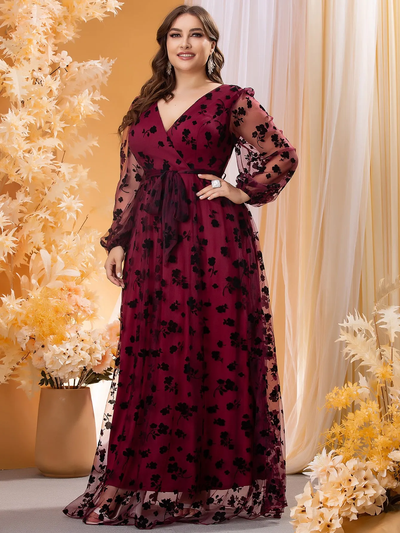 Glamorous Floral Contrast Mesh Long Sleeve V Neck Flared High Waist Maxi Plus Size Dress