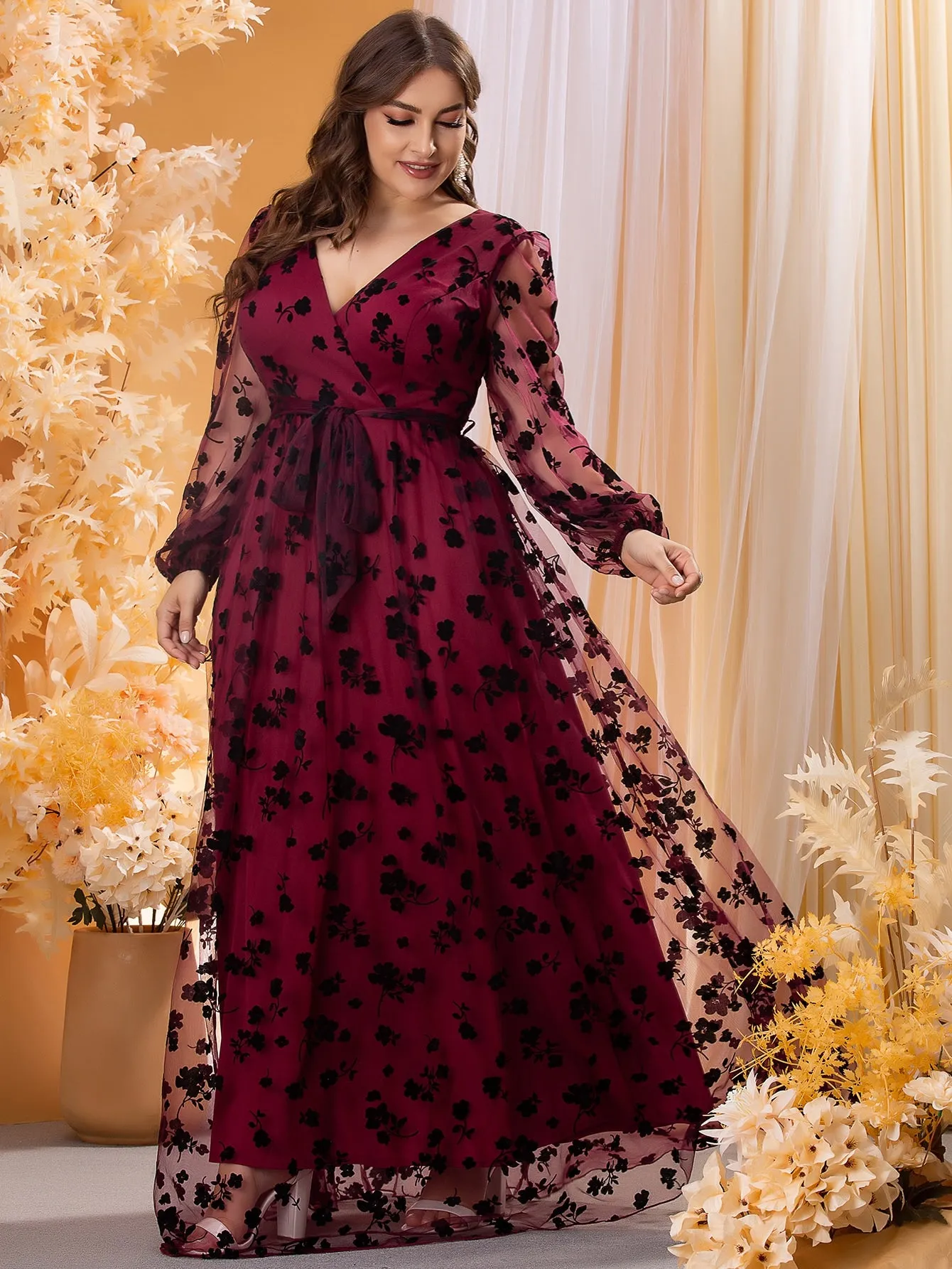 Glamorous Floral Contrast Mesh Long Sleeve V Neck Flared High Waist Maxi Plus Size Dress