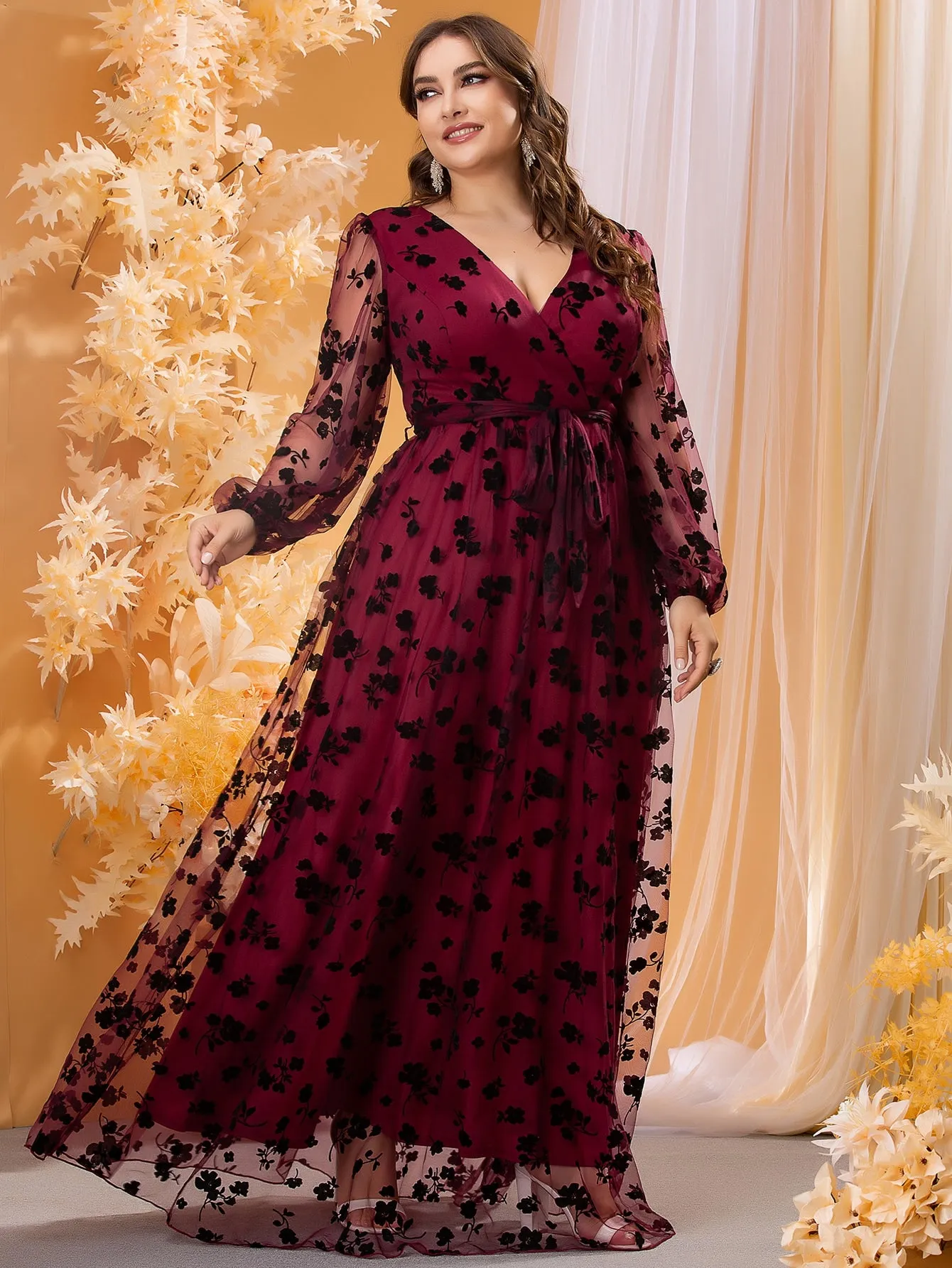 Glamorous Floral Contrast Mesh Long Sleeve V Neck Flared High Waist Maxi Plus Size Dress