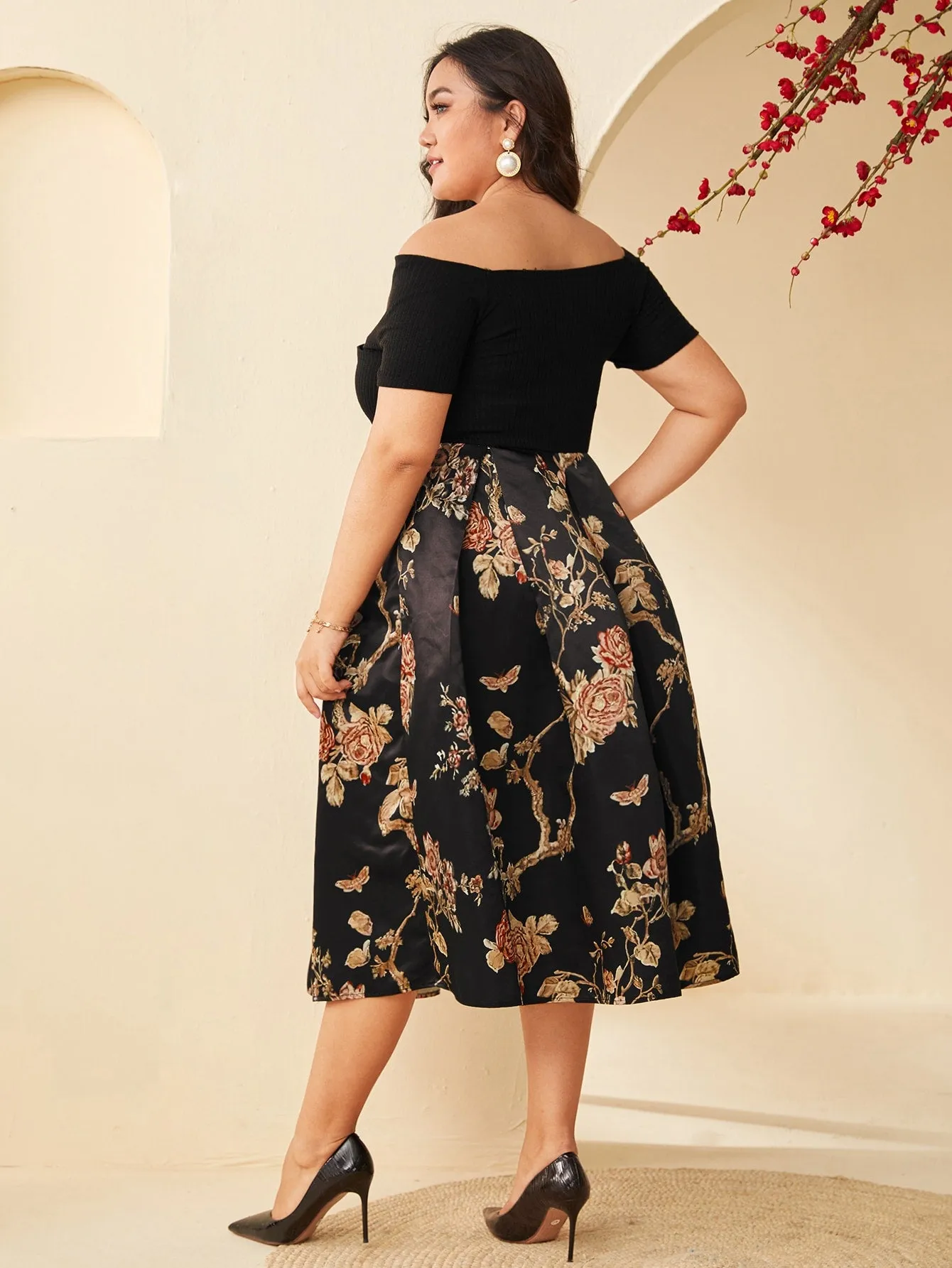 Glamorous Floral Rib-Knit Short Sleeve Off The Shoulder Flared High Waist Long Plus Size Dress