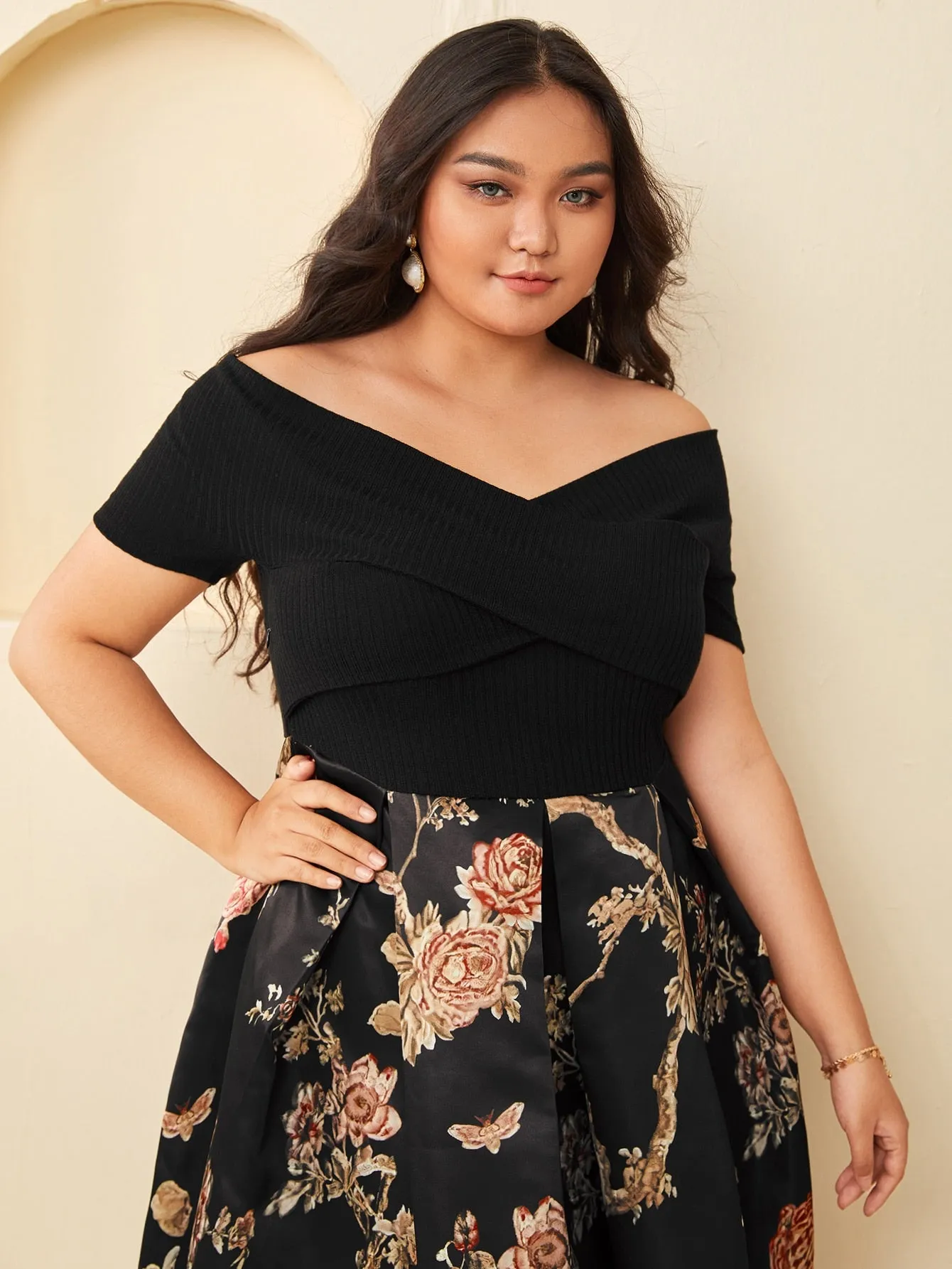 Glamorous Floral Rib-Knit Short Sleeve Off The Shoulder Flared High Waist Long Plus Size Dress