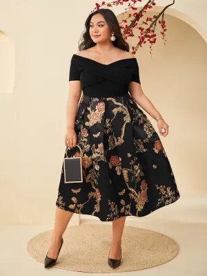 Glamorous Floral Rib-Knit Short Sleeve Off The Shoulder Flared High Waist Long Plus Size Dress