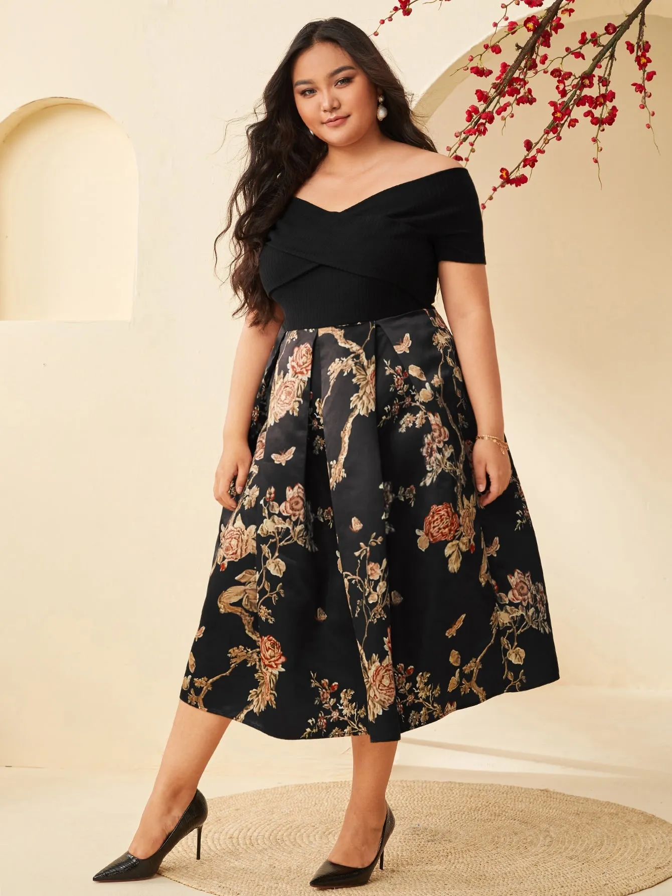 Glamorous Floral Rib-Knit Short Sleeve Off The Shoulder Flared High Waist Long Plus Size Dress