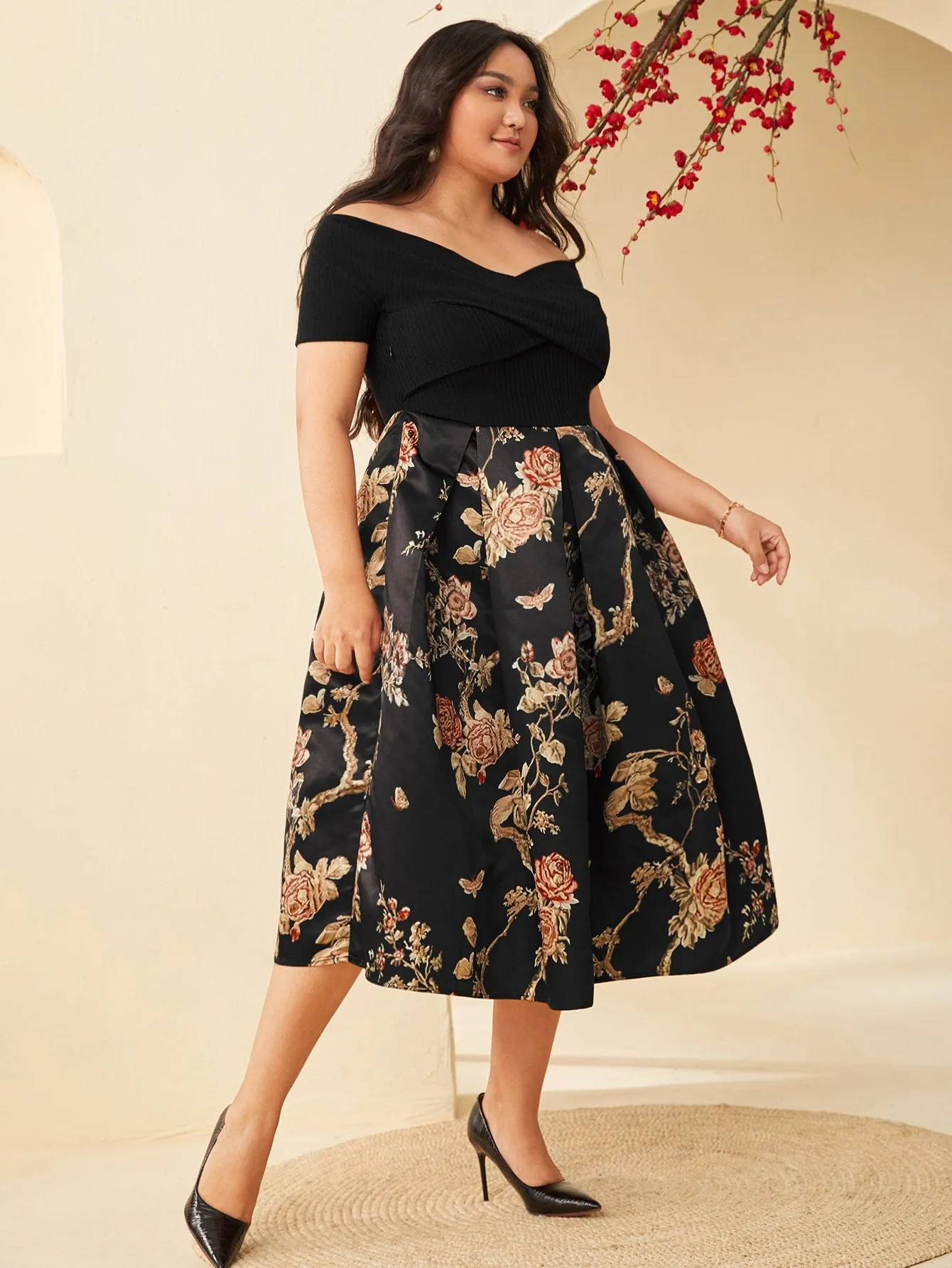 Glamorous Floral Rib-Knit Short Sleeve Off The Shoulder Flared High Waist Long Plus Size Dress