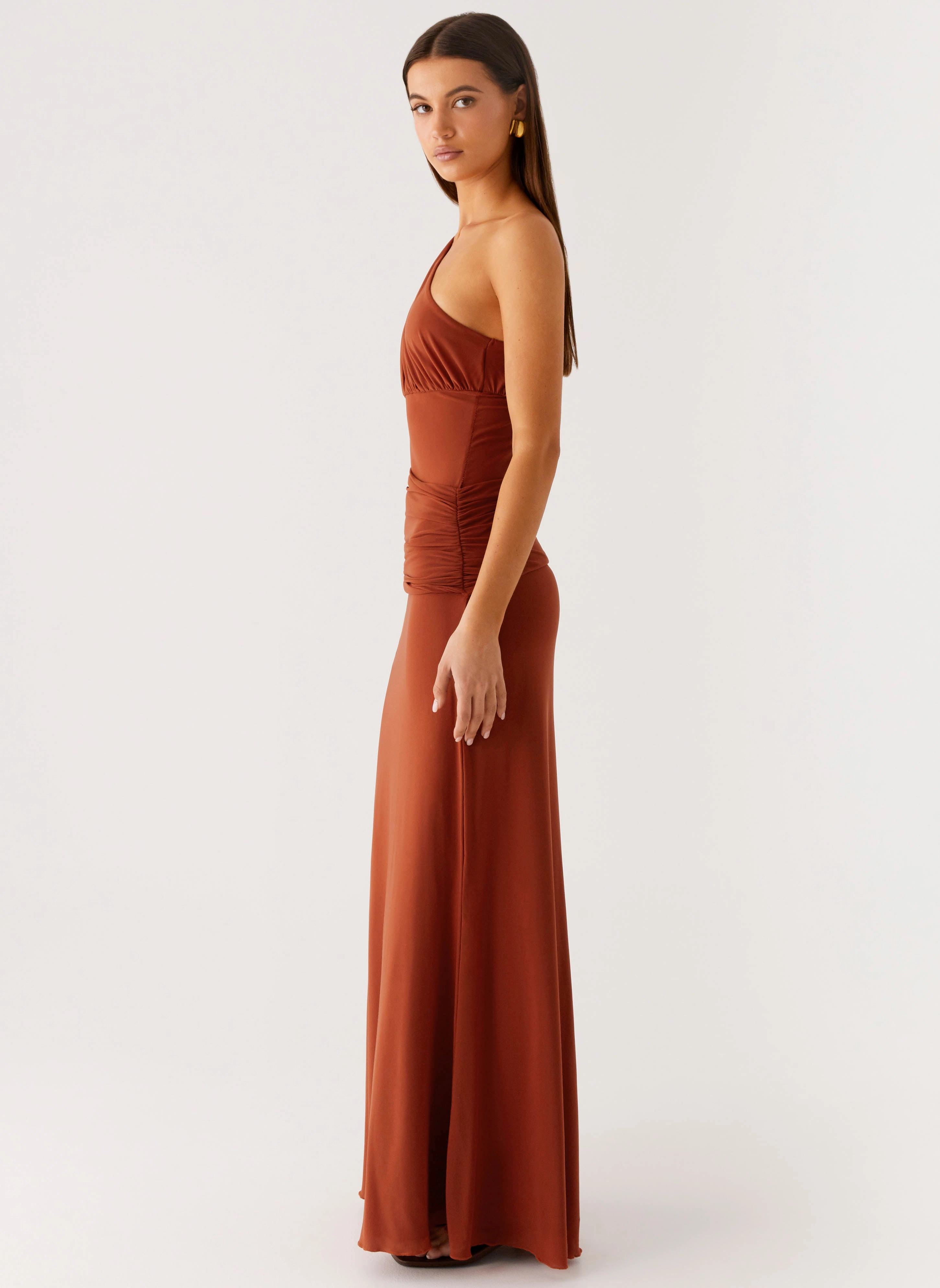 Skin Hug Button Accent Glimmer Maxi Dress - Rust