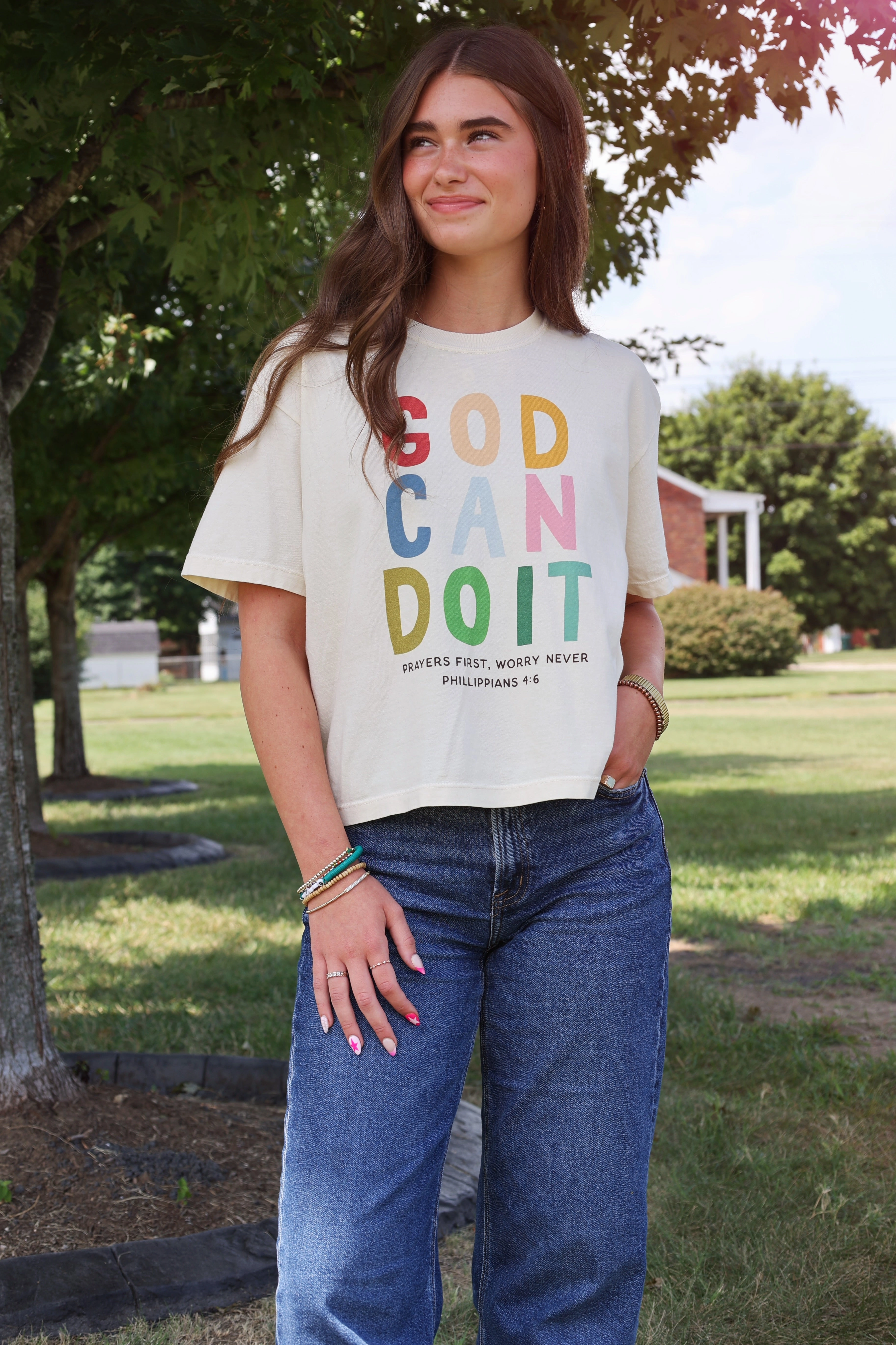 Adjustable Cuffs HighDensity Weave God Can Do It Tee