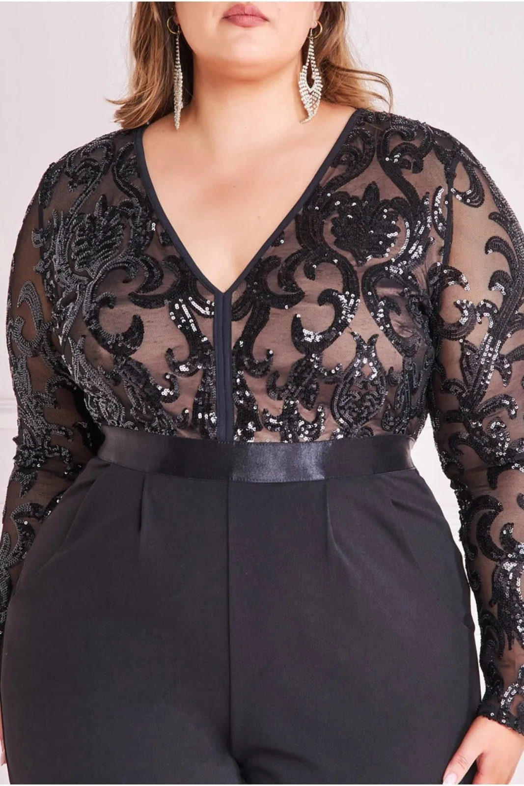 Goddiva Plus Size Sequin Mesh Jumpsuit | Black