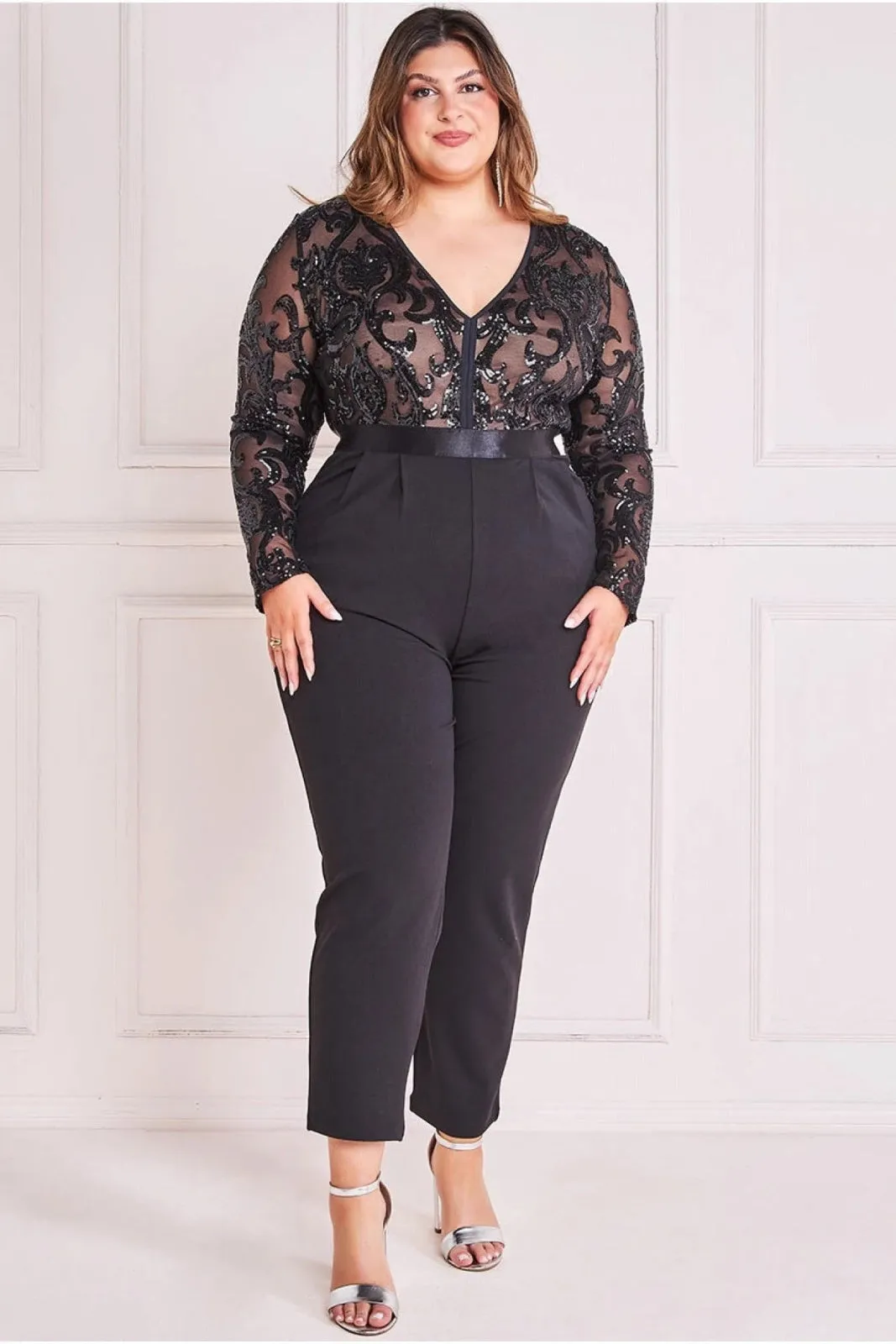 Goddiva Plus Size Sequin Mesh Jumpsuit | Black