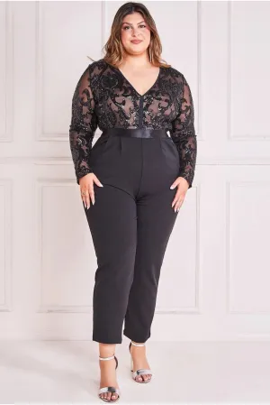Goddiva Plus Size Sequin Mesh Jumpsuit | Black