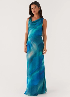 Graceful Attire Carelle Maxi Dress - Blue Tie Dye Carelle Maxi Dress - Blue Tie Dye Feminine off-the-shoulder gown