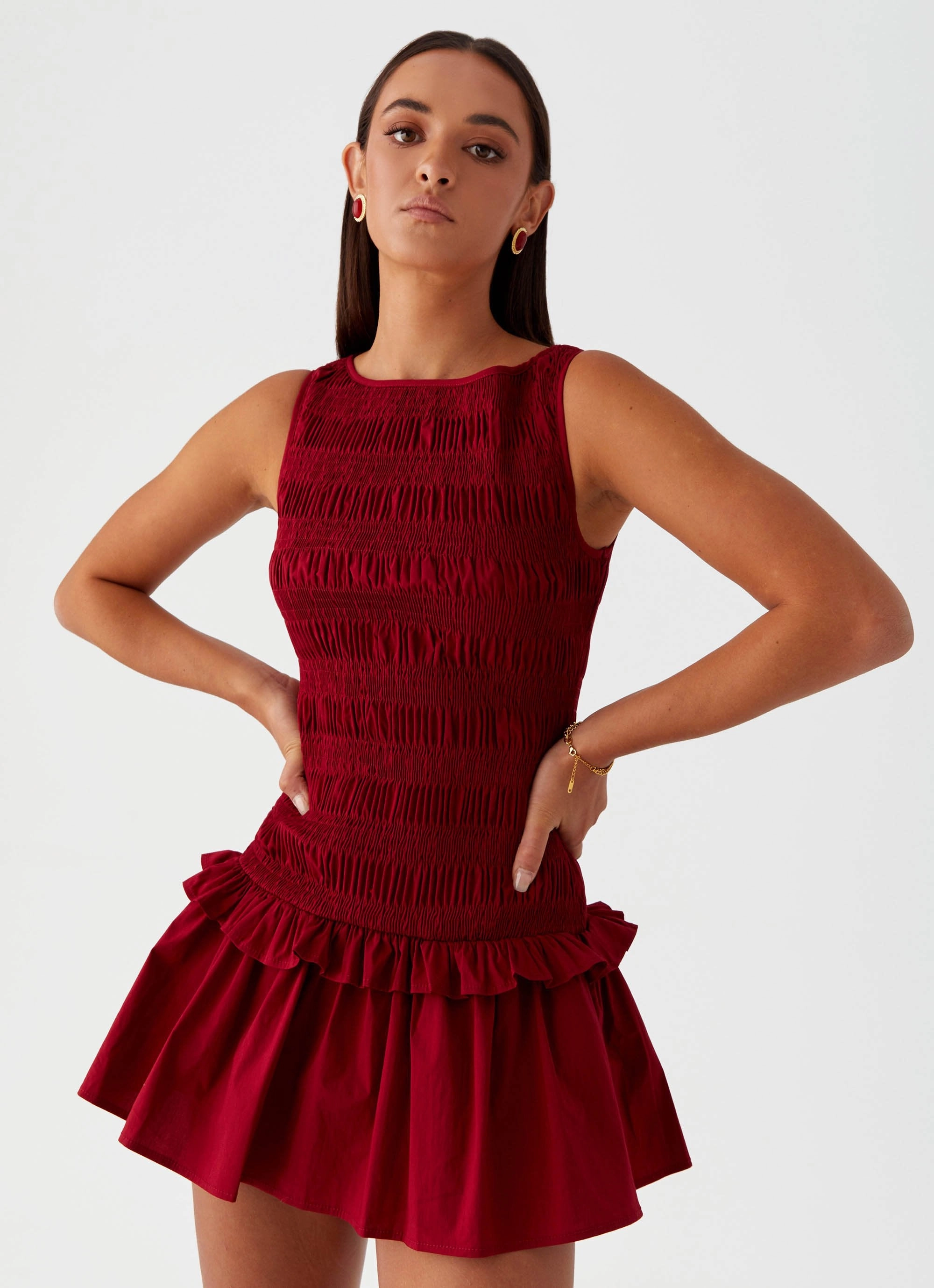 Garden Kisses Shirred Mini Dress - Maroon Euro Touch