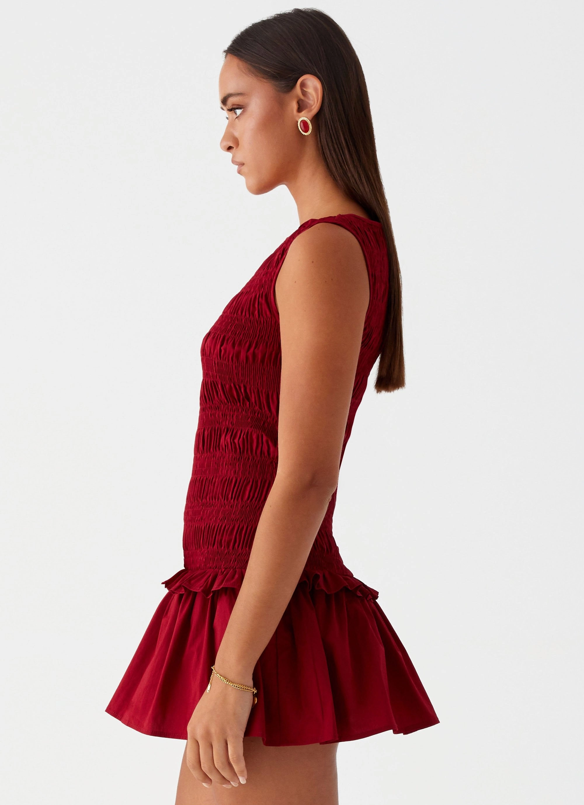 Art-Gallery ElasticWaistband Garden Kisses Shirred Mini Dress - Maroon