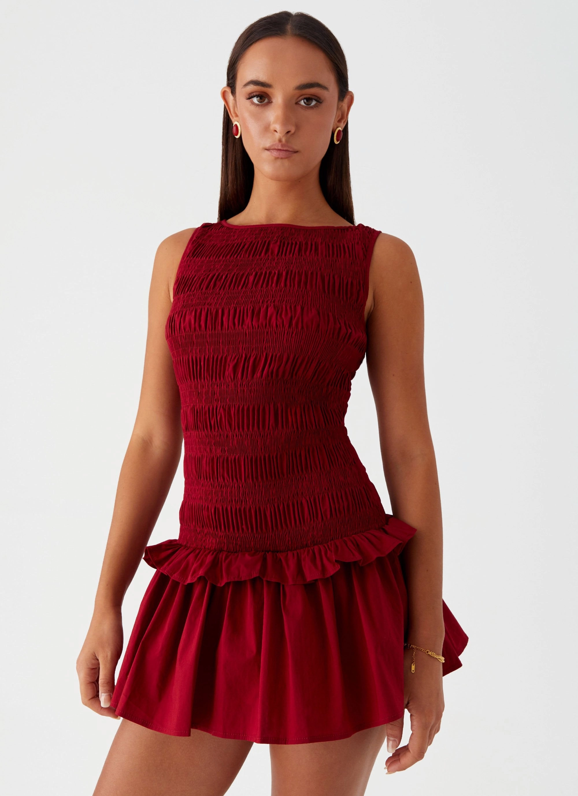 Daily Confidence Garden Kisses Shirred Mini Dress - Maroon