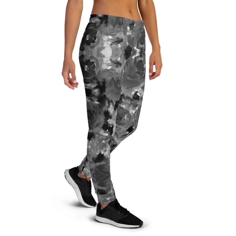 Gray Floral Women's Joggers, Premium Abstract Flower Print Ladies' Sweatpants-Made in EU/MX