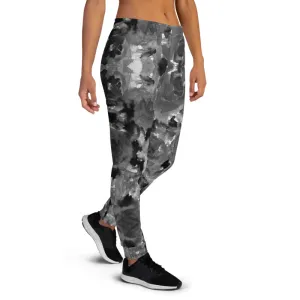 Gray Floral Women's Joggers, Premium Abstract Flower Print Ladies' Sweatpants-Made in EU/MX
