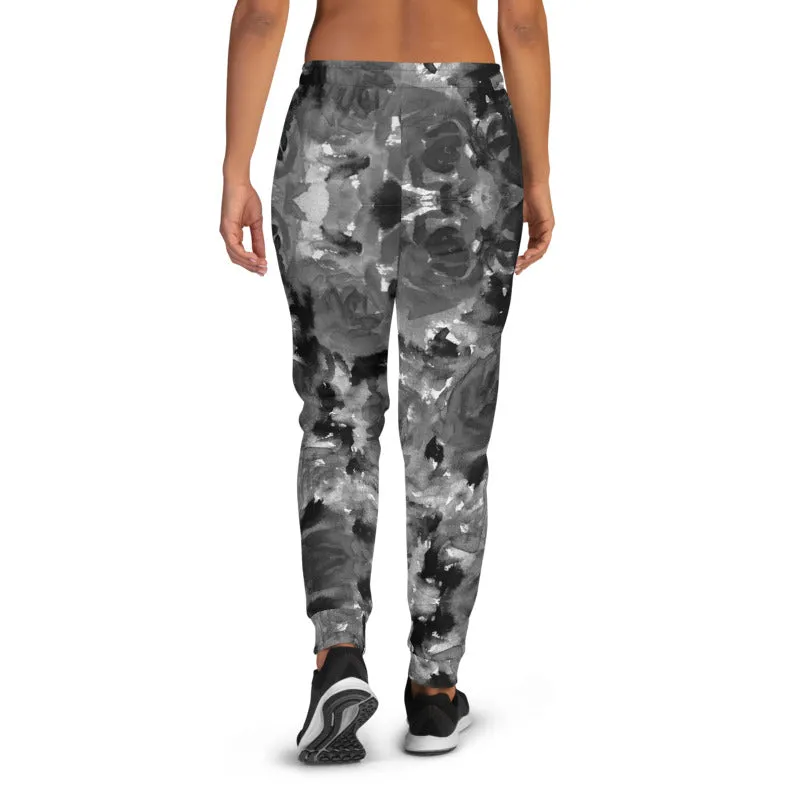 Gray Floral Women's Joggers, Premium Abstract Flower Print Ladies' Sweatpants-Made in EU/MX