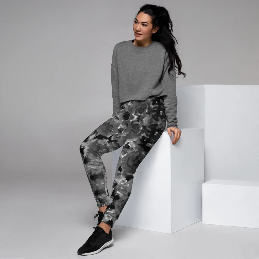 Gray Floral Women's Joggers, Premium Abstract Flower Print Ladies' Sweatpants-Made in EU/MX