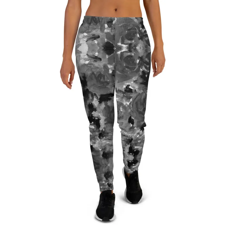 Gray Floral Women's Joggers, Premium Abstract Flower Print Ladies' Sweatpants-Made in EU/MX