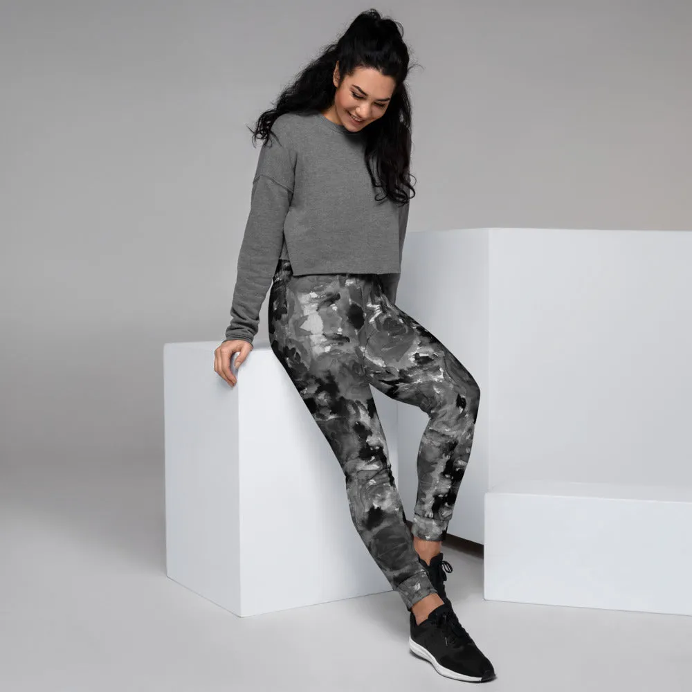 Gray Floral Women's Joggers, Premium Abstract Flower Print Ladies' Sweatpants-Made in EU/MX