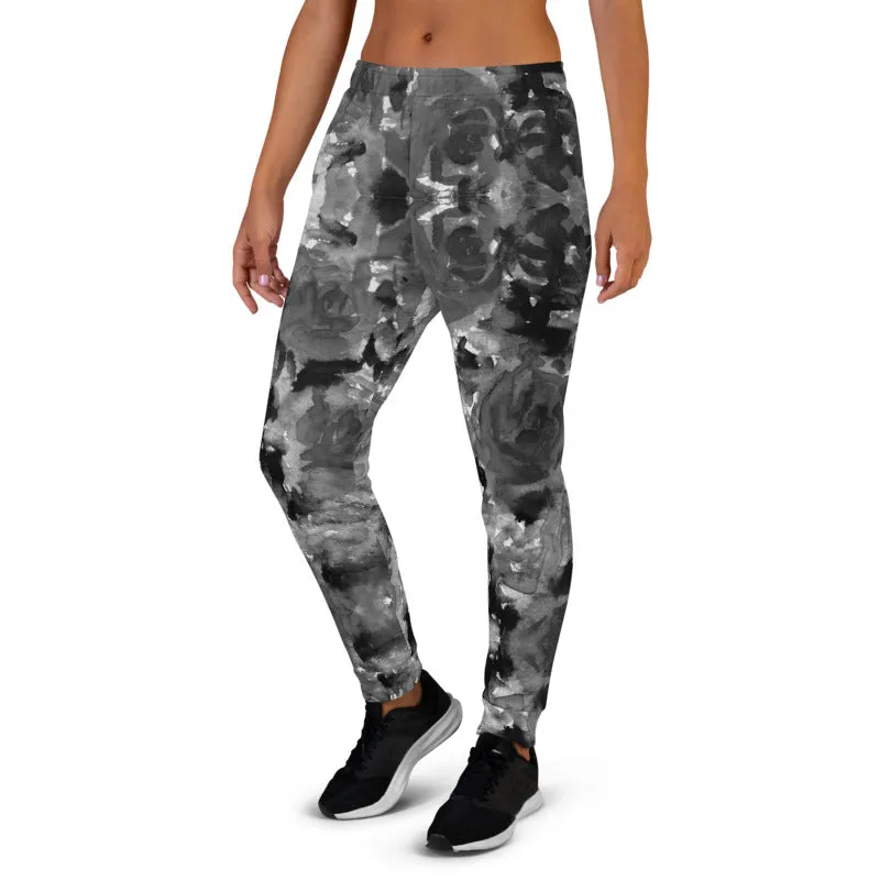 Gray Floral Women's Joggers, Premium Abstract Flower Print Ladies' Sweatpants-Made in EU/MX