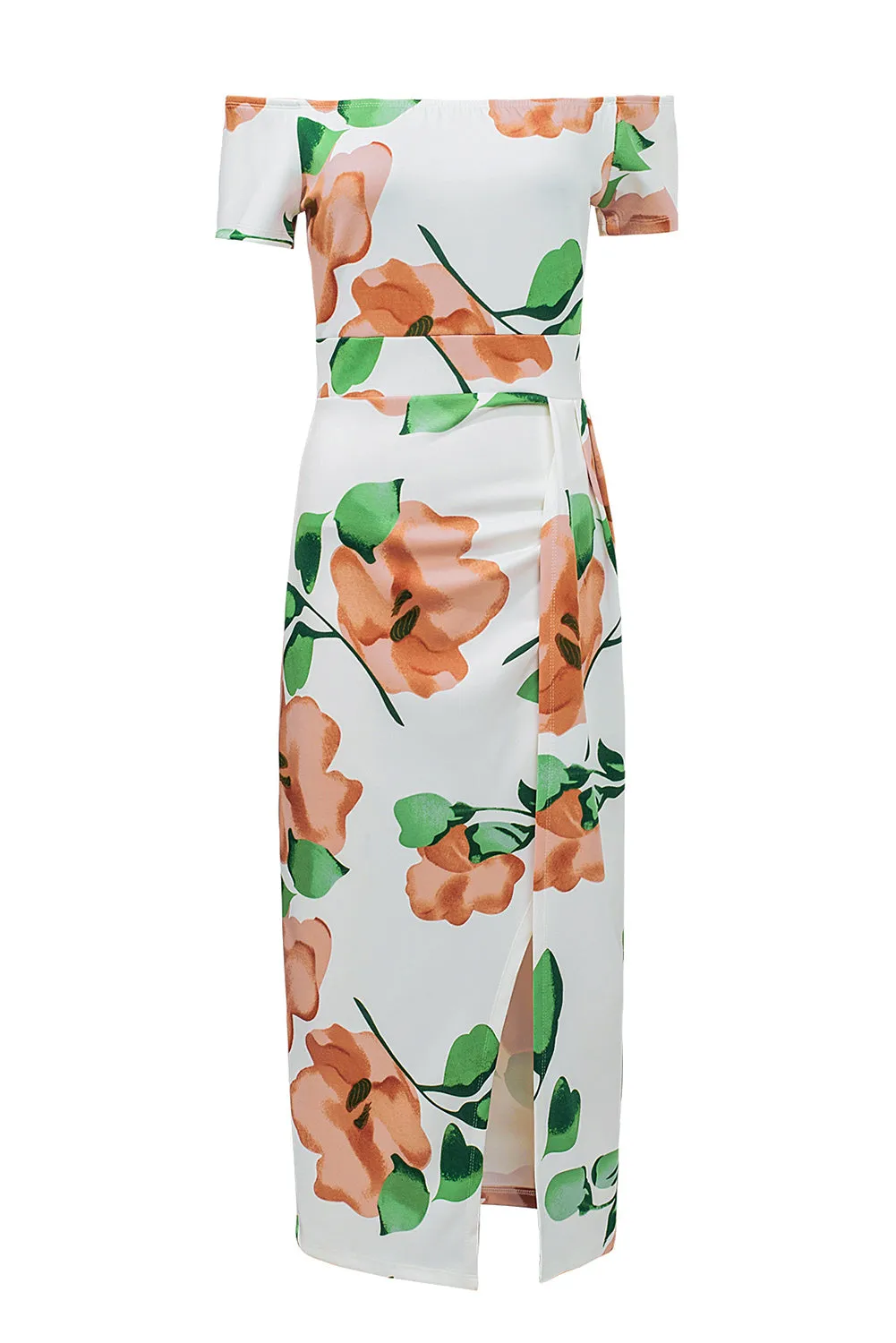 Green Floral Print Off Shoulder Slit Bodycon Midi Dress