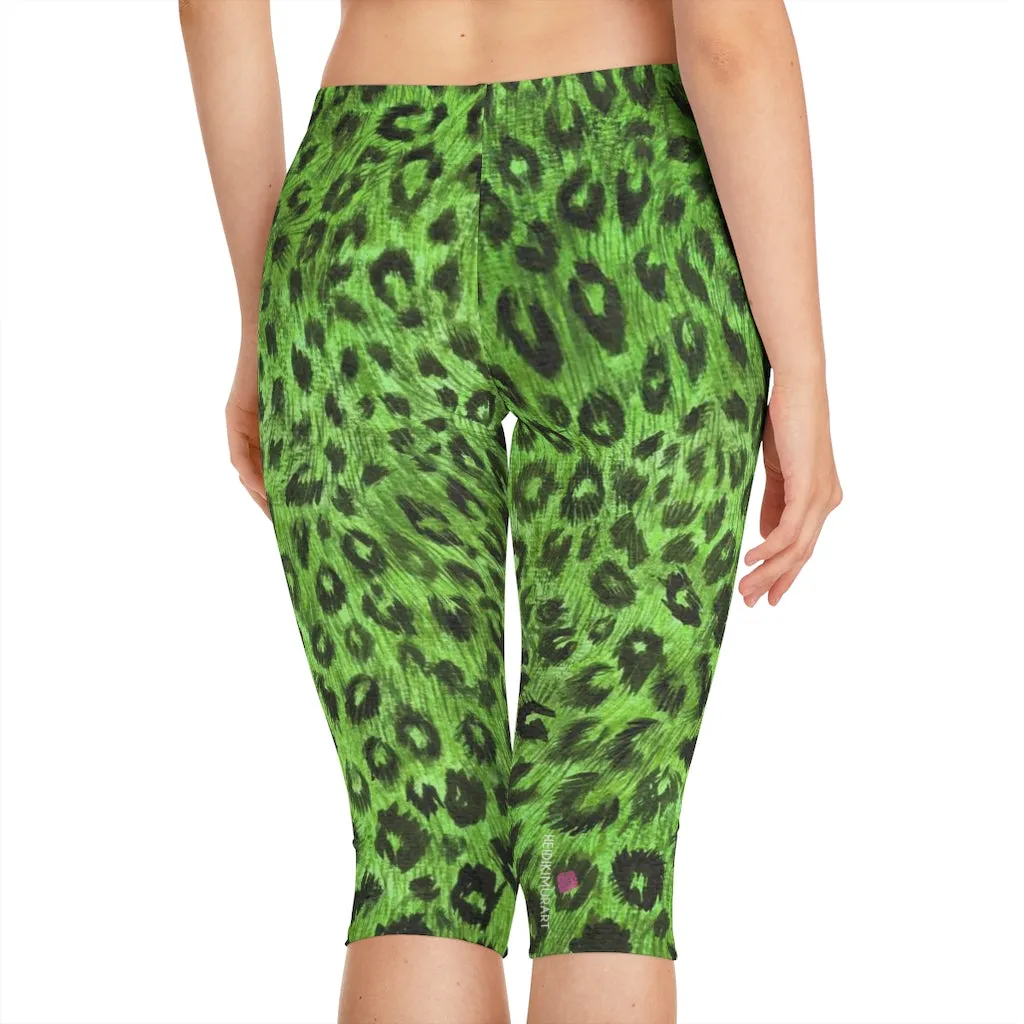 Green Leopard Women's Capri Leggings, Knee-Length Polyester Capris Tights-Made in USA (US Size: XS-2XL)