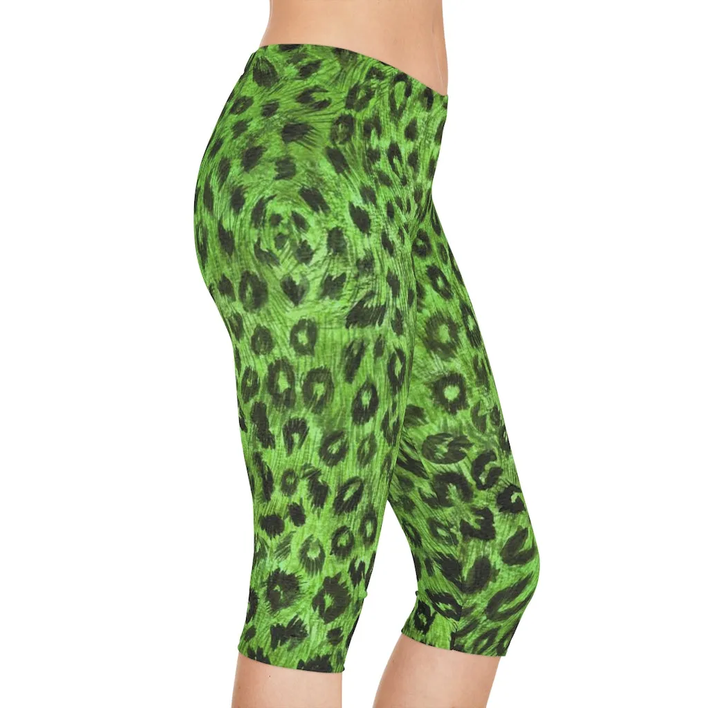 Green Leopard Women's Capri Leggings, Knee-Length Polyester Capris Tights-Made in USA (US Size: XS-2XL)