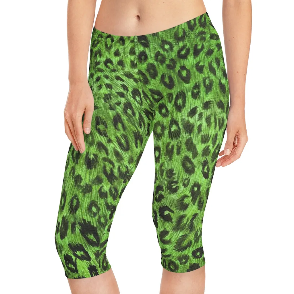 Green Leopard Women's Capri Leggings, Knee-Length Polyester Capris Tights-Made in USA (US Size: XS-2XL)