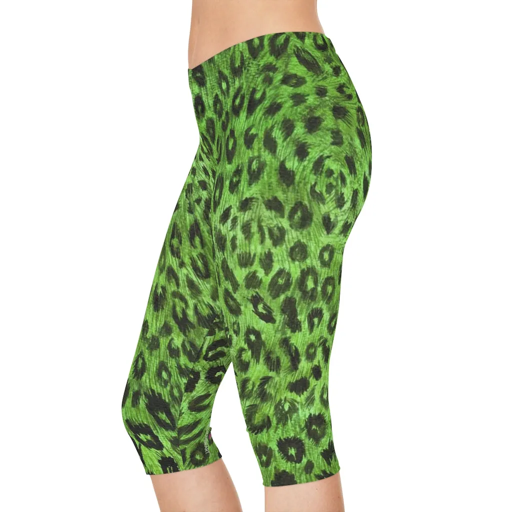 Green Leopard Women's Capri Leggings, Knee-Length Polyester Capris Tights-Made in USA (US Size: XS-2XL)