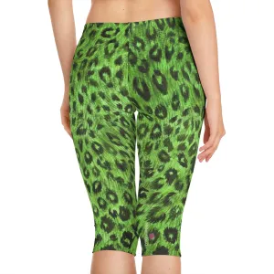 Green Leopard Women's Capri Leggings, Knee-Length Polyester Capris Tights-Made in USA (US Size: XS-2XL)