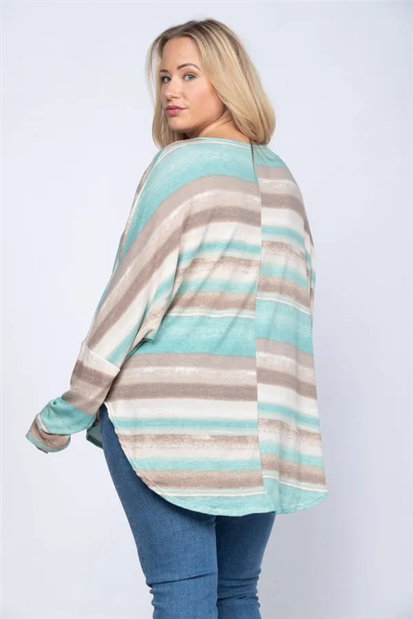 Green Stripe Dolman Sleeve Plus Size Top