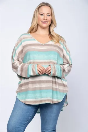 Green Stripe Dolman Sleeve Plus Size Top
