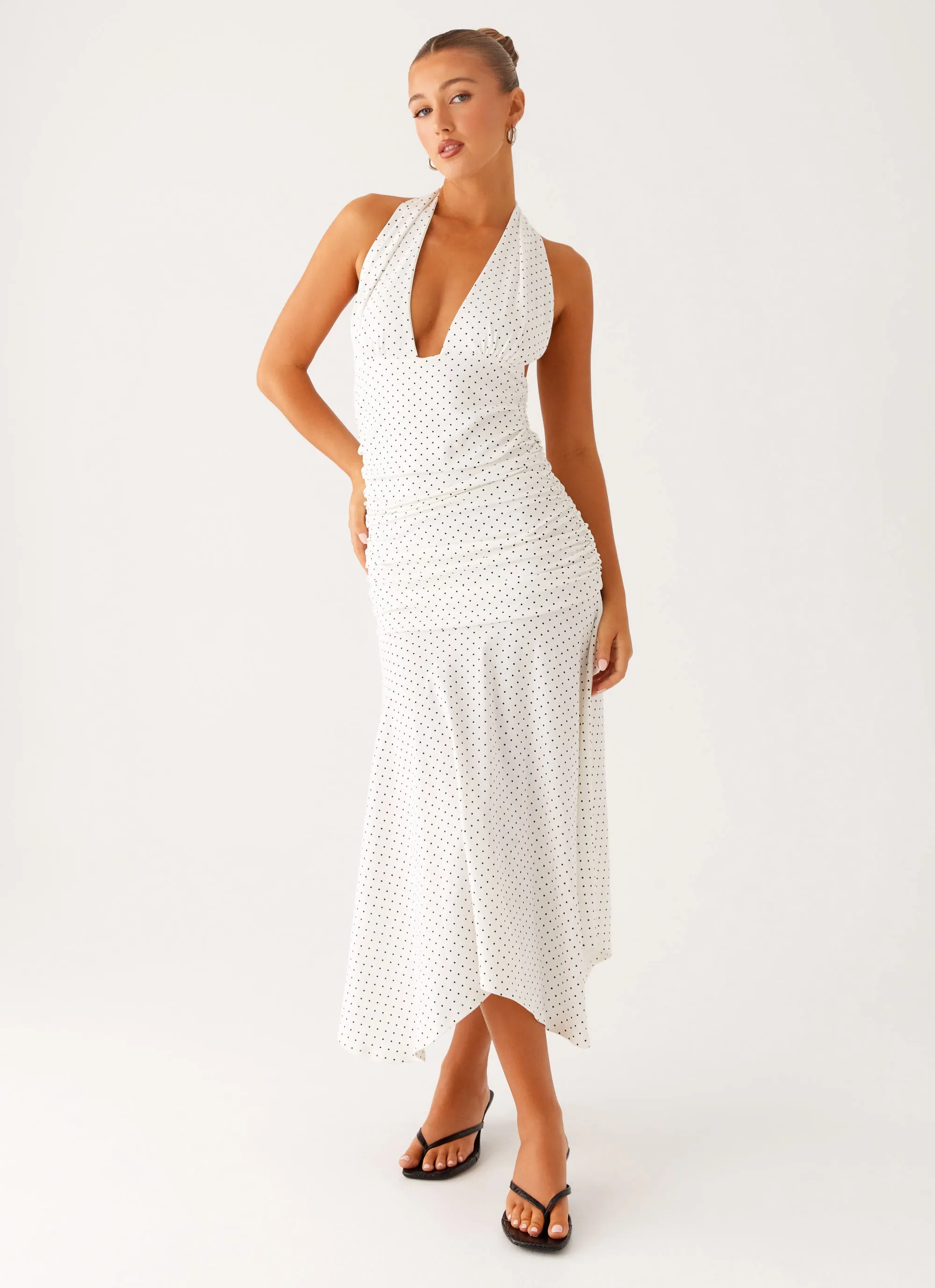 Grettana Halter Neck Midi Dress - White Polka Dot Striped Design ethical fashion