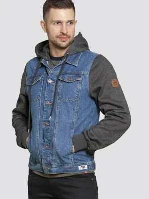 Grey Sleeve Hooded Denim Jacket Plus Size