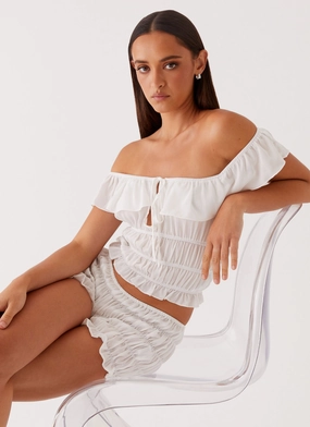Girls Like Us Ruched Top - White Seamless Design Oversized Silhouette