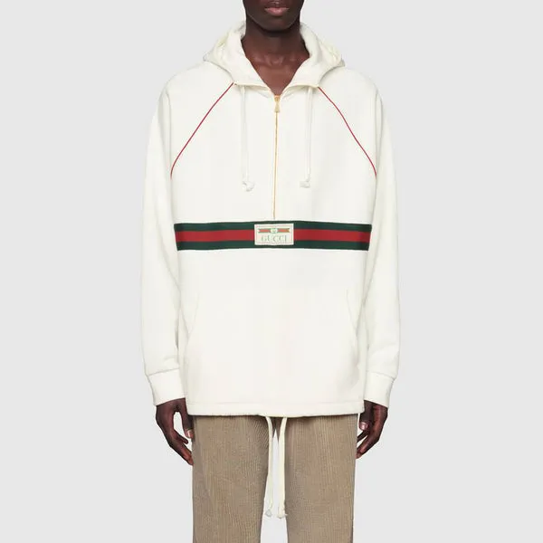 Gucci Hooded Sweatshirt With Web & Gucci Label 'Ivory', ivory/green/red